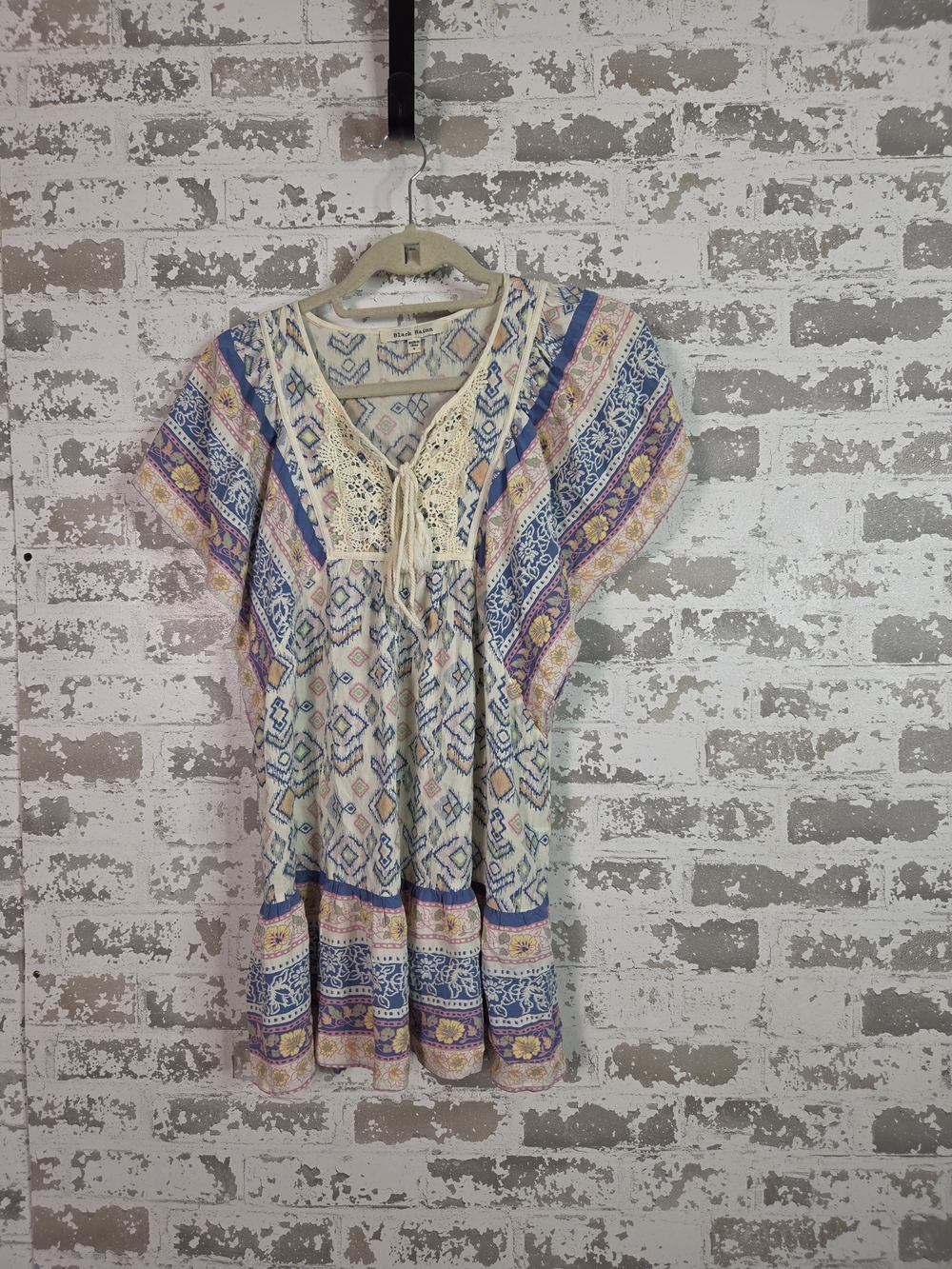 Black Rainn Multicolor Lace-Trim Boho Tunic with Blue and Cream Accents Size S